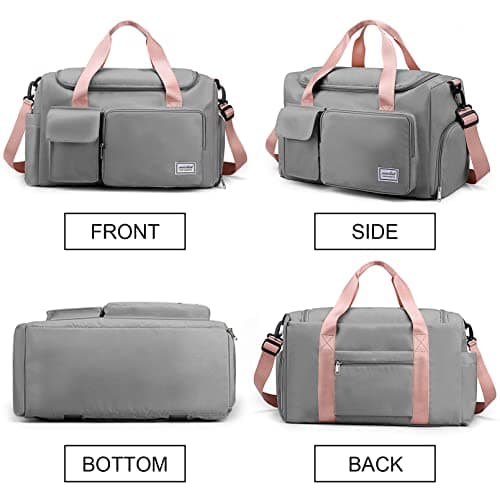 RainFlowwer Travel Duffel Bag Women Men,Sports Gym Bag with Shoes Compartment,Waterproof Travel Bag Overnight Bag with Dry Wet Separated Pocket,Carry Luggage Bag Weekender,Sports,Gym,Travel(Grey&Pink) — view 4