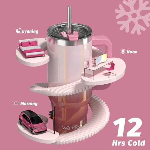 WATERSY Travel Mug Coffee Cup 40oz Tumbler Straw Lid and Handle, Stainless Steel Double Wall Vacuum Insulated Coffee Water Bottle Thermal for Cold Hot Coffee 1182ml Shiny Red — view 6