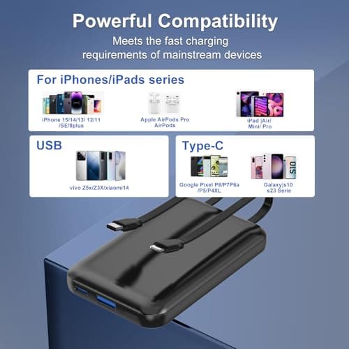 10000mAh Power Bank, YISHDA Ultra Slim Portable Charger 22.5W PD Fast Charging with 2 Built-in Cables, for iPhone 16/15/14/13/12 Series, Samsung, Android Smartphones (Black) — view 6