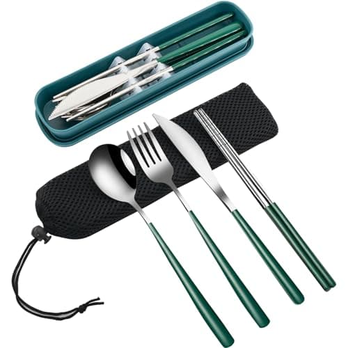 VANRA 4-Piece Portable Travel Utensils Set with Case 18/8 Stainless Steel Flatware Set Reusable Cutlery Set with Fork Spoon Knife Chopstick for Lunch Travel Camping School Work Picnic (Deep Green)