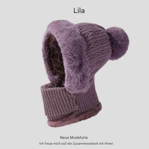 Generisch Knitted Winter Hats for Women, Windproof Neck Warmer, Winter Hat Including Scarf, for Hiking and Cycling and Travel, Cycling, Snowboarding for Women, Grandma, Mother, purple — view 6