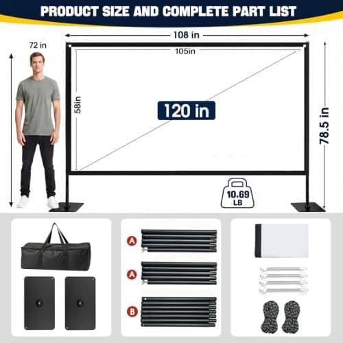 CPLIRIS Projector Screen with Stand, 120 Inch Solid Metal Screwlock Frame 16:9 4K HD Wrinkle-Free Projection Screen, Front & Rear Projection, Portable for Home Theater, Backyard Moive Night — view 6