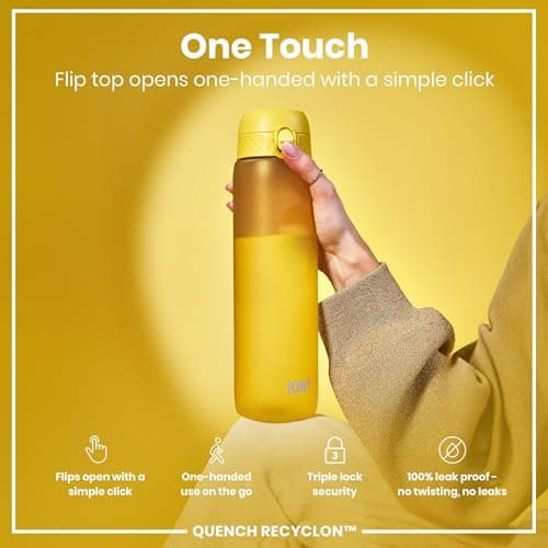 ION8 1 Litre Water Bottle, Leak Proof, Flip Lid, Carry Handle, Rapid Hydration, Dishwasher Safe, BPA Free, Contoured Grip, Ideal for Travel, Gym & Activity, Carbon Neutral Recyclon, 32 oz, Yellow — view 3