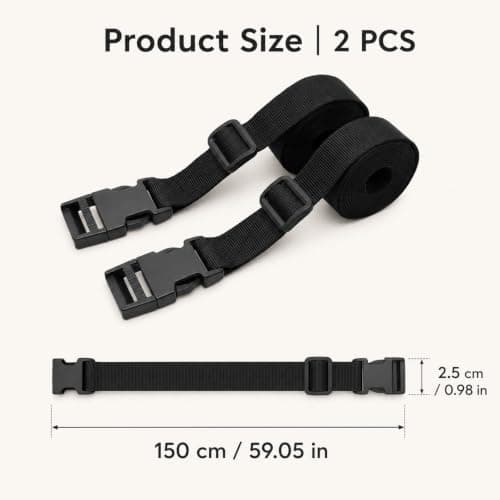Solvind 2 Pack Luggage Straps, 1.5m Adjustable Heavy Duty Nylon Webbing Straps with Quick Release Buckles for Suitcase Camping Travel Backpack Compression, Black — view 2