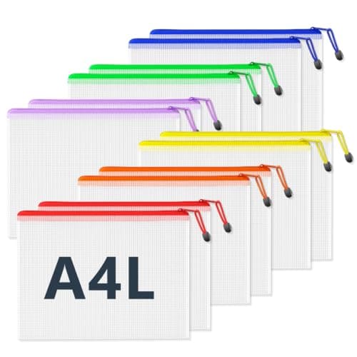 SUNEE Plastic Wallets A4L, 12 Pack Mesh Zip Lock Document Wallets & File Bags, Waterproof Plastic Folders A4L for School, Office, Home and Travel Storage - 6 Colours