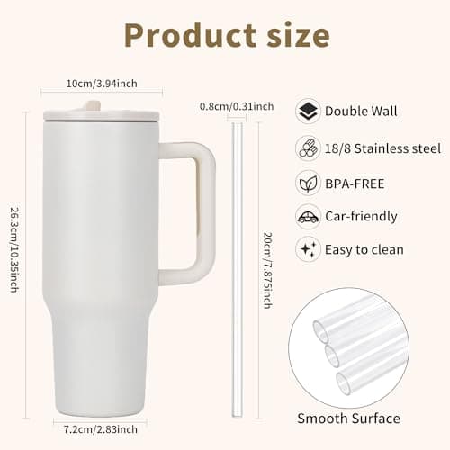 CherryKelly 40oz (1200ml) Tumbler with Handle & Flip Straw | Stainless Steel Travel Coffee Mug | Insulated Thermal Cup | Hot & Cold Drinks Water Bottle | BPA-Free - Cream White — view 2