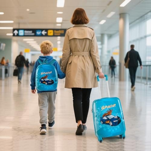 GYMAX 2Pcs Kids Luggage Set, 13" Backpack & 16" Children Hardshell Suitcase with Wheels & Telescopic Handle, Boys Girls Carry On Luggage Set for Travel School (Navy) — view 2