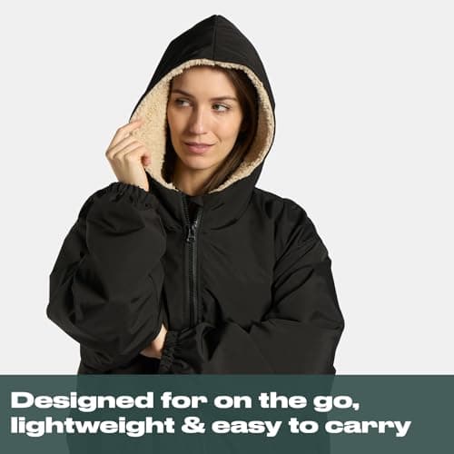OHS Rain Coats for Women Men, Oversized Waterproof Jacket Fleece Lining Changing Robe with Hood & Pockets Lightweight Ladies Raincoat Drying Robe for Outdoor Travel, Black/Beige - L/XL — view 5