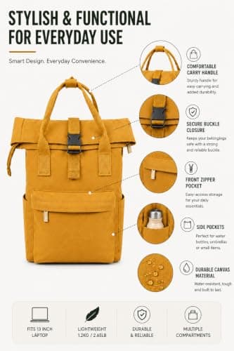 Water Resistant Roll Top Laptop Backpack for Women Medium Capacity Travel Backpack Casual School College Work Commuter Daypack Lightweight Durable Bookbag with Multiple Pockets (Yellow, Medium) — view 3