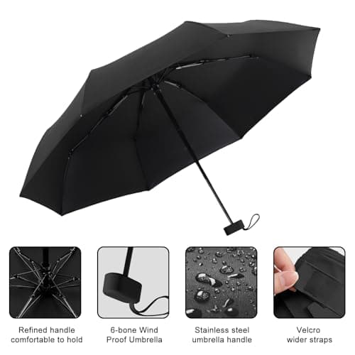 Black Mini Folding Umbrella, UPF50+ UV Sun & Rain Umbrella, 6 Rib Windproof Compact Travel Umbrella with Storage Case, Sturdy, Lightweight, Portable Pocket Umbrella for Men and Women Daily & Outdoor — view 4