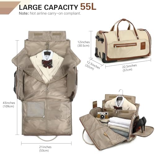 TONRUYN Rolling Garment Bags for Travel Suit Dress Bag with Wheels Handle 55L Carry on Garment Duffle Bag for Women with Shoe Compartment 3 in 1 Foldable Travel Luggage for Business Wedding, Beige — view 4