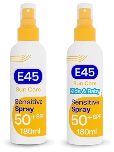 E45 SPF50+ Sensitive Sunscreen Spray Pack 2 x 180ml – Kids & Baby Spray + Sensitive Body Spray – UVA & UVB Protection for Dry, Sensitive & Eczema-Prone Skin