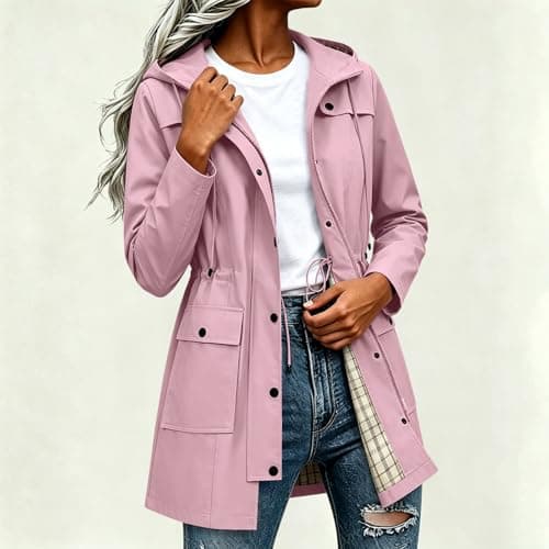 Znwerma ladies waterproof jackets lightweight Waterproof Jacket Lightweight for Women Ladies Windbreaker Rain Coats Full Zip Hooded Long Raincoat Casual Hiking Walking Outwear Pink — view 2