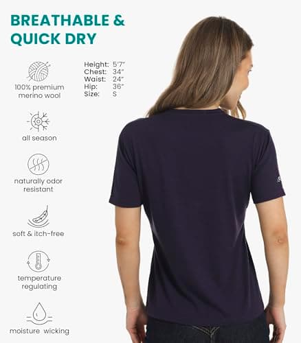 Merino.tech Merino Wool T Shirt Women - 100% Merino Wool Base Layer Womens Short Sleeve Tee + Hiking Socks (X-Large, Dark Purple Crewneck) — view 2