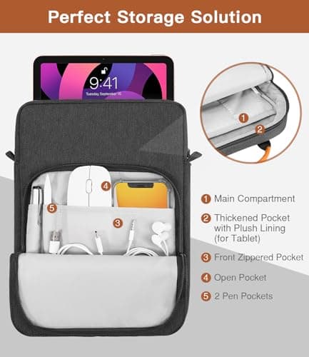 MoKo 9-11 Inch Tablet Sleeve Bag Handle Carrying Case with Shoulder Strap Fits 11inch iPad Air M3, iPad A16 2025, Pro 11 inch, iPad 10/9/8/7th Gen, Tab S8/S9 11", Black & Gray — view 5