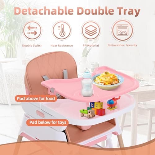 High Chairs for Babies and Toddlers, Adjustable Convertible 3 in 1 Baby High Chair, Portable Compact Baby Infant Feeding Chair Travel Highchair Booster for Toddler, from 6 Month to 3 Years Pink — view 4