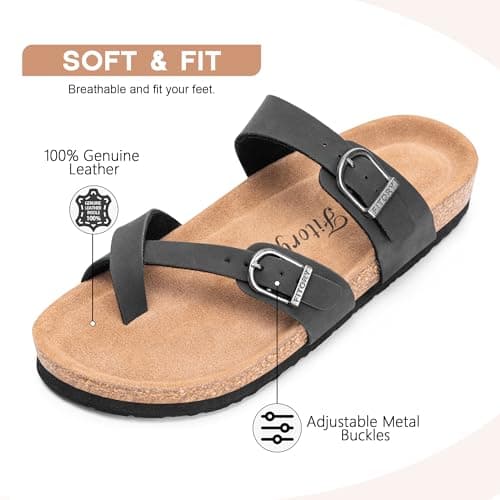 FITORY Women's Leather Sandals Comfort Cork Footbed Matte Black Size 6 — view 3