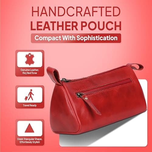 TheAntiq Leather Toiletry Bag Travel Dopp Kit for Men & Women Leather Makeup Organiser with Zipper Compartments Compact Travel Pouch 8x3.5x3.5 Inch (Red) — view 3
