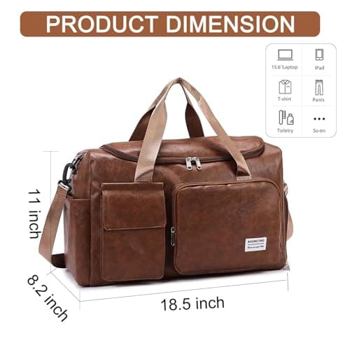 seyfocnia PU Leather Travel Bag with Shoe Pouch, Small Carry On Weekender Overnight Bag Waterproof Travel Duffel Bags Gym Bags for Men or Women, Brown — view 2