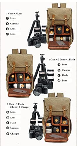 YUHAN Camera Bag, Canvas SLR DSLR Camera Backpack Large Capacity Front Open Waterproof Anti-shock Camera Rucksack Camera Travel Bag Professional Camera Lens Organizer Khaki — view 4