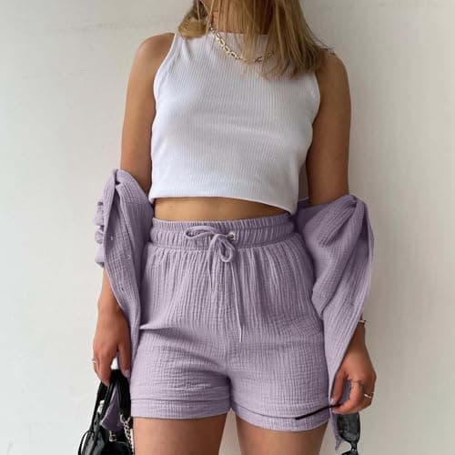 Lavender Travel Sets for Women Clothes Cotton Shirt and Shorts Co Ord Loungewear Sets with Loose Fit Shorts and Button-Up Shirt Fashion 2026 Outdoor Leisure Wear Size 12 — view 3