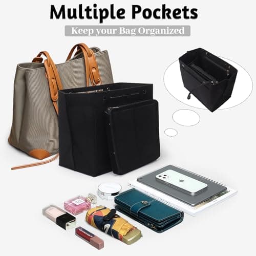 AIYJWXINP Bag Insert Organizer, Handbag Organiser Insert, Multi-Pocket Felt Handbag Organizer With Zipper for Insert Wallet Organizer, Folding Tote Bag Organizer Insert for Longchamp (black, L) — view 3