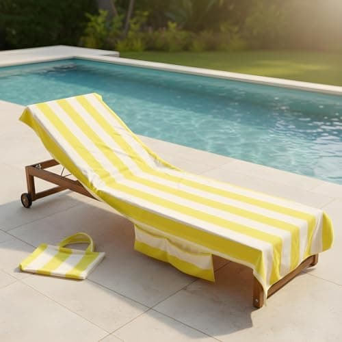 OHS Sun Lounger Towel with Pockets, Soft Absorbent Summer Holiday Essentials Stripe Beach Towels for Adults Lightweight Quick Dry Large Microfibre Beach Towel, Yellow - 75 x 215cm