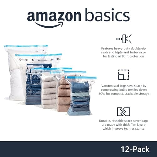 Amazon Basics Vacuum Compression Zipper Storage Bags with Airtight Valve and Hand Pump, 3x (Jumbo, Large, Medium, Small), 12-Pack, Multiple, Clear — view 2