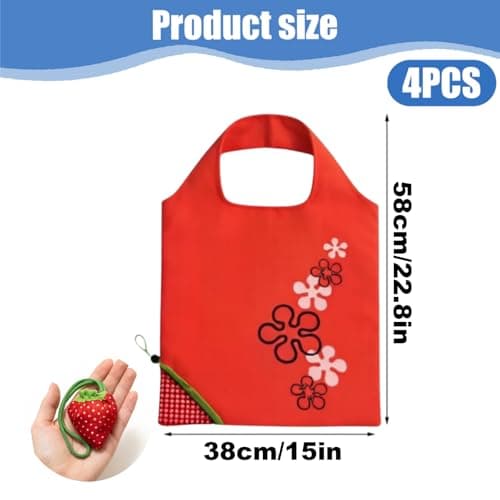 Cosiesnest 4 Pack Strawberry Foldable Shopping Bags with Fruit Patterns, Portable Reusable Tote Bags for Grocery, Travel, Beach, Gym & Everyday Use, Lightweight & Durable (Style 2) — view 4