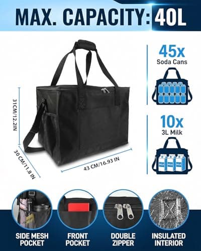 2 Pack 40L Insulated Cooler Bags, Foldable Thermal Cool Bags with Reinforced Handles and Side Mesh Pockets, Large Leakproof Food Cooler for Camping, Picnic, Travel, BBQ and Shopping, Black — view 2