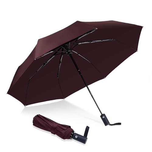 NPCQUN Travel Essentials Umbrella Windproof Compact Collapsible Light, Automatic, Strong and Portable, Wind Resistant, Folding Small Umbrella for Rain, Brown, 8 Ribs & 42 INCH, Compact