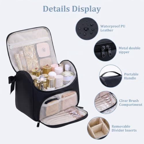 Large Makeup Bag Cosmetic Bags for Women, Make Up Travel Bag Organiser with Brush Compartments & Adjustable Dividers, Storage Case Portable PU Leather Vanity Cases Toiletry Bag - Black — view 5