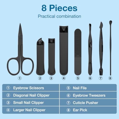 OFIDUS Precision 8 Pieces Men’s Nail Grooming Travel Kit, Stainless Steel Manicure Set with Fingernail & Toenail Clippers, Nail File, Slant Tip Tweezers, Cuticle Scissors — view 5