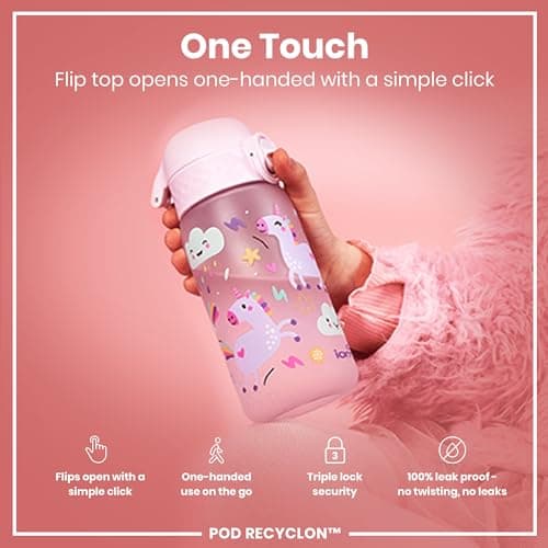 Ion8 Kids Water Bottles, BPA Free, Leakproof, Dishwasher Safe, Easy Open, Secure Lock, Small Boys & Girls Water Bottle,Kids Drinks Bottle for Spill-free Drinking, Pink, Unicorns, 350ml/12oz — view 3