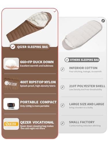 QEZER Winter Sleeping Bag for Adults, Lightweight Down Sleeping Bag -20 Degree C for Cold Weather Camping and Mountaineering Outdoor with 650 FP Duck Down (Coffee, 1500g down) — view 4