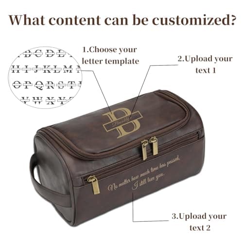 Personalised Men Toiletry Bag, Custom Engraved Travel Dopp Kit with Name Initials, Valentines Gift, Groomsmen & Best Man Gift, Father's Day, Wedding, Birthday Present for Husband, Light Brown — view 4