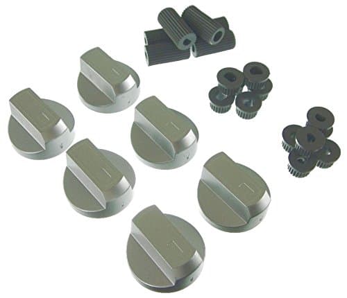 Ufixt Universal Cooker Control Knobs | 6 Pack Silver Oven Dial Kit | Includes 18 Adapters for All Shaft Sizes | Compatible with Most Brands