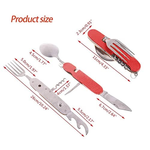 FUZVOL Folding Camping Cutlery Set Stainless Steel Portable Utensil 6 in 1 Multitool Outdoor Tableware for Travel, Hiking, Picnic,Red — view 2