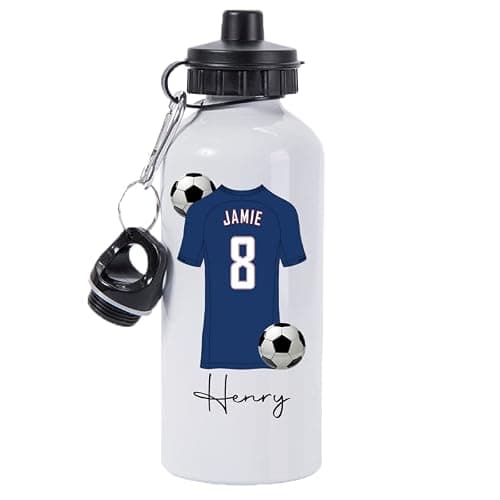 Pickhut Personalised Football 600ml White Aluminium Sports Water Bottle Back to School Gift for Kids, Customised with Name/Number/Text with Football Shirt Jersey Blue Kit (D8)