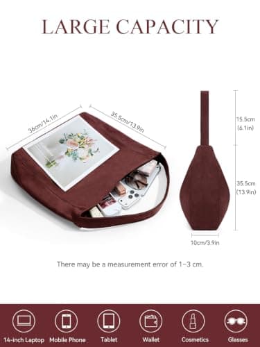 KALIDI FANCY FOREST Suede Tote Bag for Women, Multi Pockets Hobo Shoulder Bag, Large Fashion Handbag for School Work Shopping Travel Daily Use - burgundy — view 4