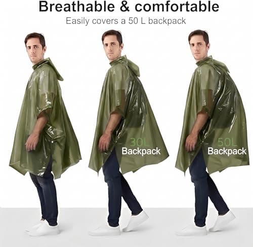 UPSEN Rain Ponchos for Adults, 2 Pcs Reusable Raincoats Coats Jackets Emergency for Women Men with Hood, Green — view 5