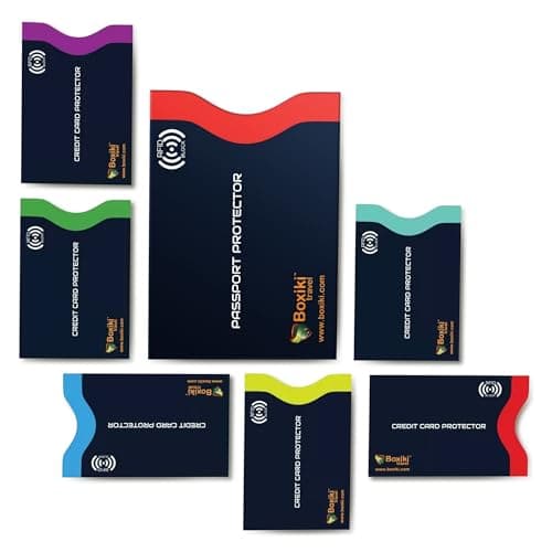 RFID Blocking Sleeves 7 Pack - 6 Credit Card Protector Sleeves and 1 Passport Holder, Colour Coded Identity Theft Protection for Credit Cards and Passport, Slim Waterproof Travel Accessories