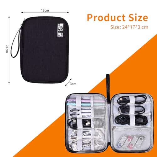 MeiLang Travel Cable Organiser Electronics Accessories Organizer Waterproof Portable Tech Pouch with Handle for USB Cable SD Drive Cords Black — view 6