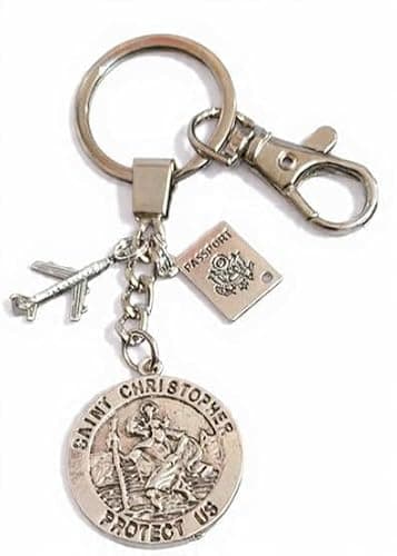 Silver Knight 'ST. CHRISTOPHER PROTECT US' Patron Saint of Travellers Passport & Aeroplane Keyring, Keychain, World Travel, Bon Voyage, Gap Year, Unisex, Bag Charm