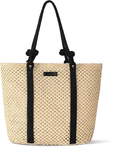 ALANTOP Straw Beach Bag for Women, Large Crochet Woven Tote with Zipper, Lightweight Summer Shoulder Handbag for Vacation, Travel, Pool, and Daily Use (Beige)