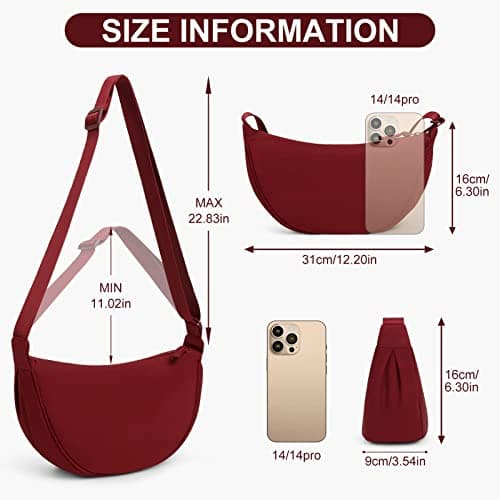 DKIIL NOIYB Crescent Bag for Women Men, Nylon Crescent Bags Hobos Crossbody Bag Portable Crescent Purse with Adjustable Strap Solid Color Chest Bag Shoulder Bag Fanny Packs, A07-wine Red, 31cm — view 6