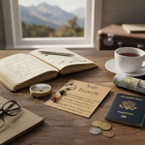 AIKOBAA Safe Travels Crystal Gift Set, Crushed Stone Keychain with Black Tourmaline Sunstone Tiger Eye, Good Luck Charm for Luggage Backpack, Bon Voyage Present for Women Men, Journey Blessing Card — view 5