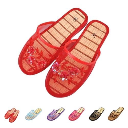 Zureto Chinese Mesh Slippers for Women, Womens Floral Hollow Chinese House Mesh Floral Slippers, Breathable Bamboo Sandal (Red B, Adult, Women, 5.5, Numeric, UK Footwear Size System, Medium)