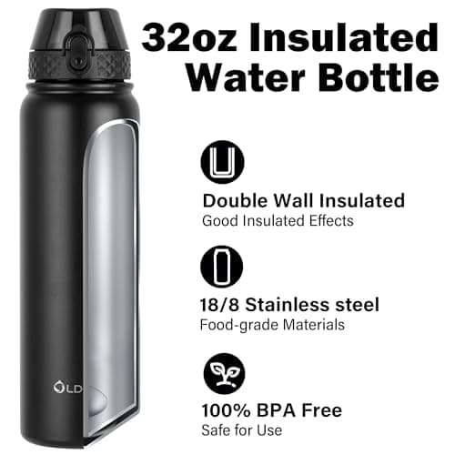 OLDLEY Stainless Steel Water Bottle with Straw 1L Vaccum Insulated Large Drink Flask Metal Water Bottles 1 Litre Leakproof Keep Drinks Hot Cold for Bike Sports Gym with Different Lids(Black, 3 Lids) — view 4
