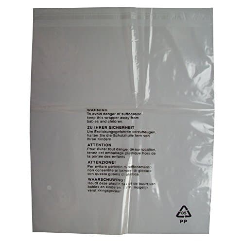 100 CLEAR TRANSPARENT PLASTIC GARMENT CLOTHING RETAIL PACKAGING BAGS + SAFETY WARNING LARGE SIZE 14x17" 350x425mm 38mu PEEL & SEAL SEE THROUGH CLOTHES SHIRT T-SHIRT STORAGE PROTECTION DISPLAY PACKING